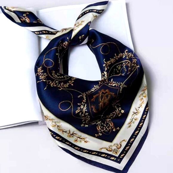 Scarf Headwraps for Women Silk Scarf Navy Satin Print 35 x 35 - Picture 6 of 12